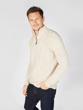 Ireland’s Eye Fisherman Wool Sweater — Dromore Aran 1/4 Zip — Men’s Small